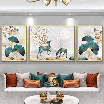 客厅装饰画美式三联画壁画欧式沙发背景墙画北欧风格大气麋鹿挂画 杏