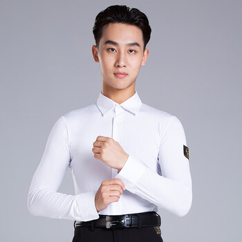 同款dancebaby拉丁舞服男士舞蹈服上衣摩登舞成人舞蹈练功服衬衫 纯白