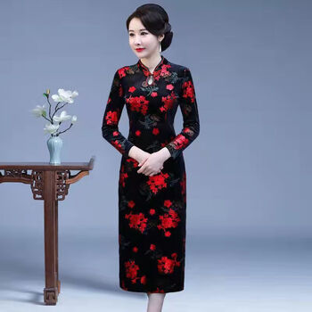 绢伊金丝绒旗袍女2023年新款高档贵妇人连衣裙春秋改良长款红色l85100
