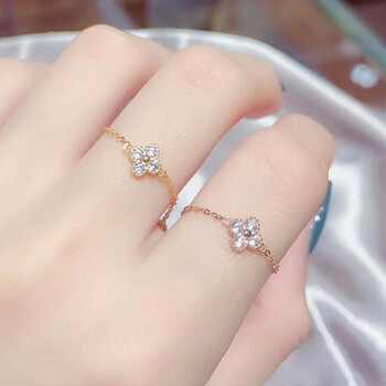 18k金戒指环四叶草au750女锆石玫瑰彩金黄金调节伸缩素链戒链尾戒