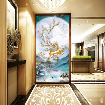鸿赞3d玄关壁画走廊过道招财麋鹿墙布5d凹凸立体壁布入门进门18d浮雕