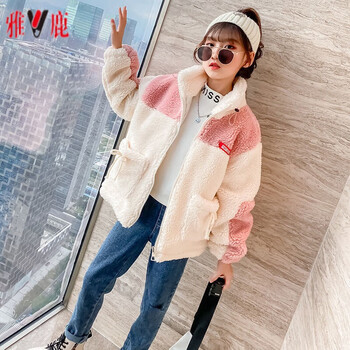 雅鹿女童冬装外套新款儿童夹棉加厚网红毛毛衣中大童秋冬洋气大衣潮牌