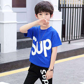 套装9儿童10夏季衣服装11岁4蓝色字母上衣裤子120码建议身高1米1左右