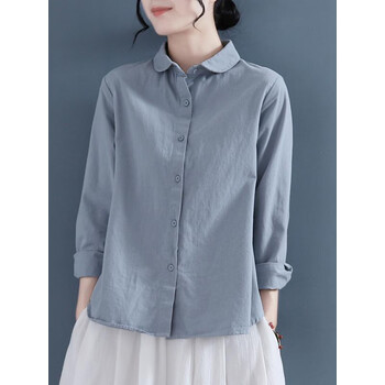 恒源祥纯棉衬衫女秋冬新款设计感圆领复古长袖棉麻衬衣浅蓝色s建议80
