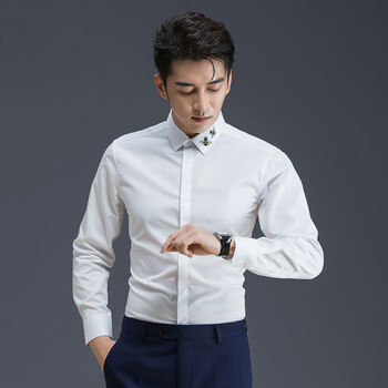 sidisen白衬衫小蜜蜂刺绣韩版修身2022新款上衣休闲商务纯色男士衬衣