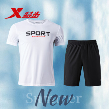 特步短袖T恤男2022夏季新款男士运动套装短T运动上衣休闲上衣 套装-白色 M