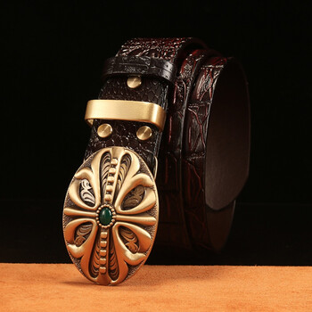 玉石鳄鱼纹皮带男士复古个性腰带男中年休闲裤带十字花鳄鱼纹咖啡色皮