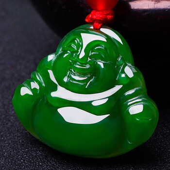 甄祥珠宝18k金镶玉佛坠 和田碧玉佛吊坠 女项链弥勒佛菠菜绿佛公 碧玉