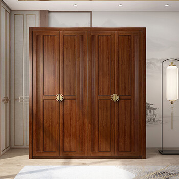 檀木衣柜卧室四门平开拉门家用衣橱轻奢储物柜组装金丝檀木衣柜4门需
