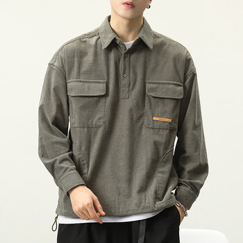 七匹狼美式复古军绿色华夫格套头衬衫领外套男士春秋季潮牌宽松上衣