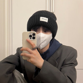 男士帽子男毛线帽男大头围潮冬保暖针织帽男生宽松套头帽冷帽黑色m