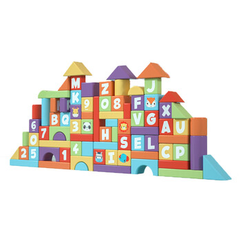 费雪80粒儿童木制积木玩具早教26岁男女积木多颗粒玩具80粒动物缤纷