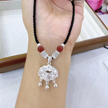 旗舰店银平安锁吊坠女项链999足银编绳儿童女孩长命5克锁加绳子加包装