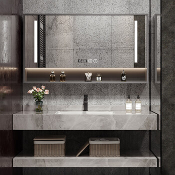 雨森双层岩板浴室柜组合一体无缝陶瓷盆洗手洗脸盆卫生间洗漱台盆定制