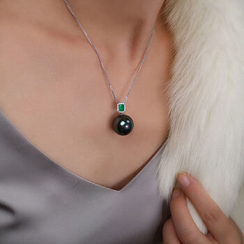 珍珠吊坠哥伦比亚祖母绿镶嵌南洋金珠黑项链925黑珍珠吊坠圆珠14mm