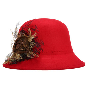 女韩版秋冬新品礼帽时尚女帽盆帽韩版帽子女时尚礼貌毛呢款红色棕花