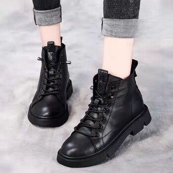马丁靴秋冬加绒低跟小短靴女2023新款平底皮鞋靴子黑色单里升级版侧