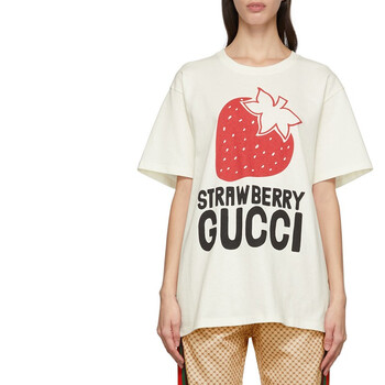 gucci古驰2022新款女士棉质草莓印花图案宽松版短袖t恤衫615044xjdzu