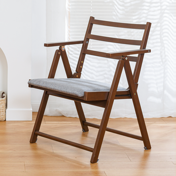 越茂实木折叠椅子家用省空间餐椅靠背椅休闲便携办公椅咖啡色带扶手布