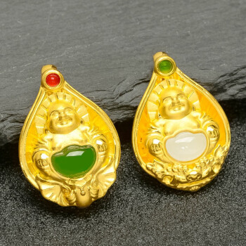 黄金佛吊坠金镶玉999足金佛公笑佛和田碧玉佛项坠弥勒
