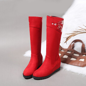 暖冬新上市中筒靴女2018秋新款坡跟高跟红靴子冬天红色中式结婚鞋新娘