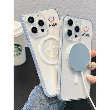 苹果14promax手机壳13硅胶12男女11简约iphone14plus手绘透明笑脸磁吸