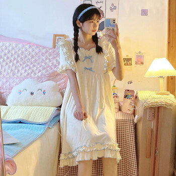 冠恤软妹公主风睡衣女生夏季新款过膝睡裙可爱日系甜美家居服6789米色