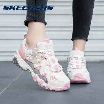 skechers斯凱奇女鞋運動鞋冬季透氣網面休閒鞋老爹鞋白粉色wgpk375