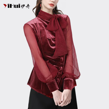伊卉（YIHUI）雪纺拼接丝绒上衣女设计感蝴蝶结领打底衫2024春装时尚衬衫袖衬衫 赤玉红 S