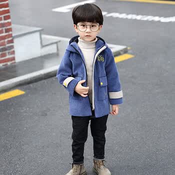 男童呢子大衣2018 男孩 毛呢外套中小童韩版洋气中长款加厚潮 蓝色