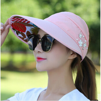 韩版夏季可折叠便携太阳帽女夏天休闲简约出游遮阳帽粉色