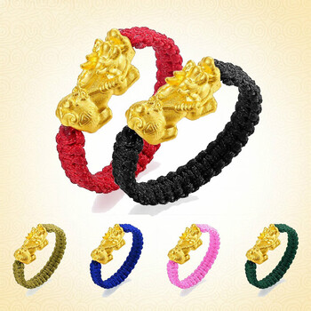 三八妇女节礼物玉相伴黄金戒指3d硬金足金貔貅红绳编绳戒指男女情侣款