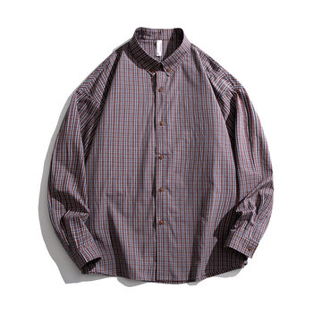 nasabase日系复古格子长袖衬衫男春秋季潮牌街头宽松情侣休闲纯棉衬衣