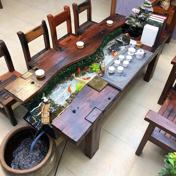 杞沐老船木流水养鱼茶桌椅组合功夫茶几实木禅意茶台组合鱼缸茶具一体
