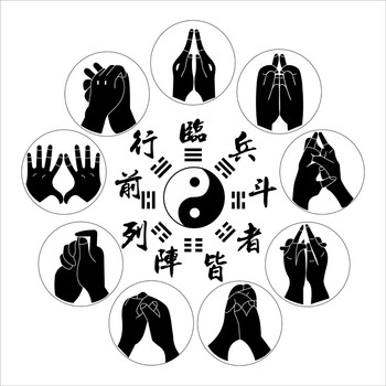 卫亮先天八卦九字真言手印图临兵斗者皆阵列前行周易经太极图装饰壁画