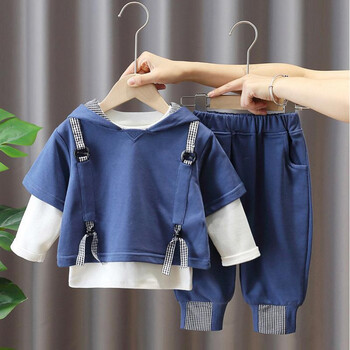 小孩休闲运动套装洋气新款男宝幼童三件套衣服蓝色90建议身高80cm90cm