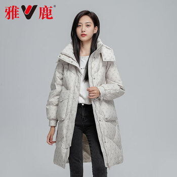 雅鹿品牌羽绒服女中长款2023年秋季新款连帽时尚百搭韩版修身外套米