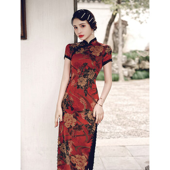 瑞品韩女军阀太太旗袍轻款复古民国风老上海黑色长款高端性感女 红色