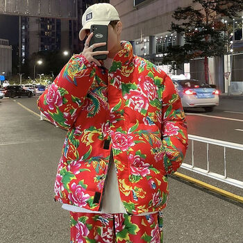 棉袄年秋冬新款棉服大花男加厚网红抖音同款农村喜庆棉衣 红色花棉袄