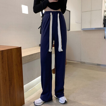 抽绳运动裤女春秋夏高腰宽松直筒休闲卫裤慵懒遛弯垂感拖地阔腿裤深蓝