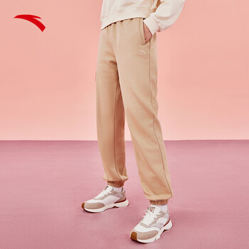 安踏(anta)加绒运动裤女2023秋季校园文化针织休闲运动长裤 淡棕色-2