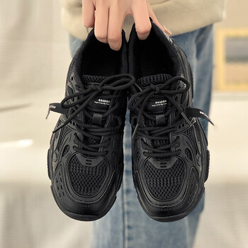 季回力休老爹鞋女春秋2023年新款显脚小厚底全黑色女鞋舒适轻便休闲