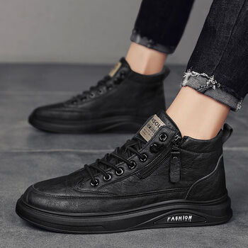 红蜻蜓黑色皮鞋男秋季内增高男鞋10cm高帮皮面工装靴男百搭潮流防水