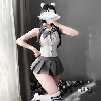 霏慕 情趣内衣性感露背学院风连体衣套装jk情趣制服深v百褶裙角色扮演