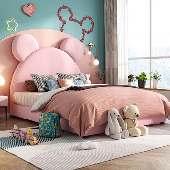 公主床女孩儿童床少女生女儿单人床实木绒布艺床粉色可爱米老鼠卡通床