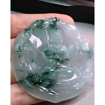 绿翠天成 翡翠冰种飘花不动明王吊坠 缅甸a货翡翠玉石送礼送老公生日