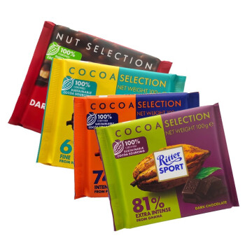 瑞特滋（RITTER SPORT） 德国进口全榛子果仁牛奶黑巧克力排块100g*4块瑞特斯波德 81%74%61%全榛子黑 组合装 400g