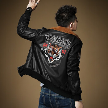 track off潮流欧货高档轻奢翻领老虎皮衣加棉男式外套紧身休闲夹克