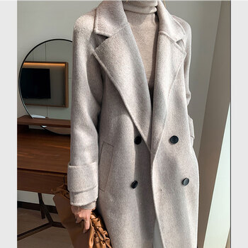 三只小山羊大衣燕麦色感毛呢外套女冬羊毛双面呢过膝长款摩登西装领