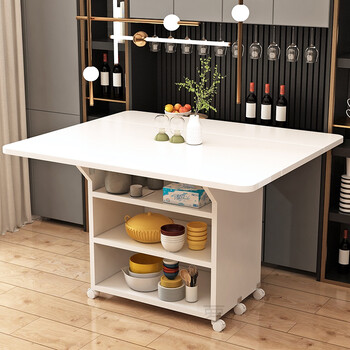 小户型可移动正方形吃饭桌子厨房客厅带抽屉柜 白色120*72移动折叠桌